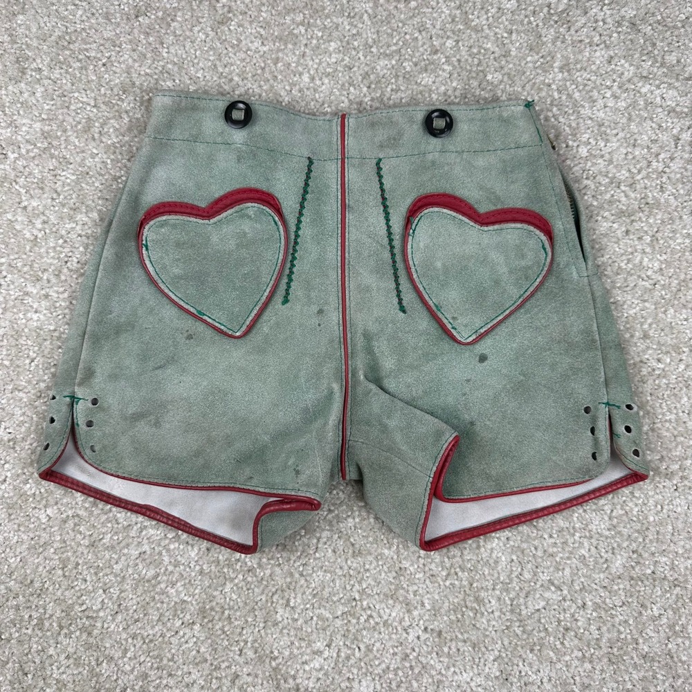 Vintage Suede Lederhosen Shorts Heart Pockets Green Oktoberfest Folk Sz 00 youth